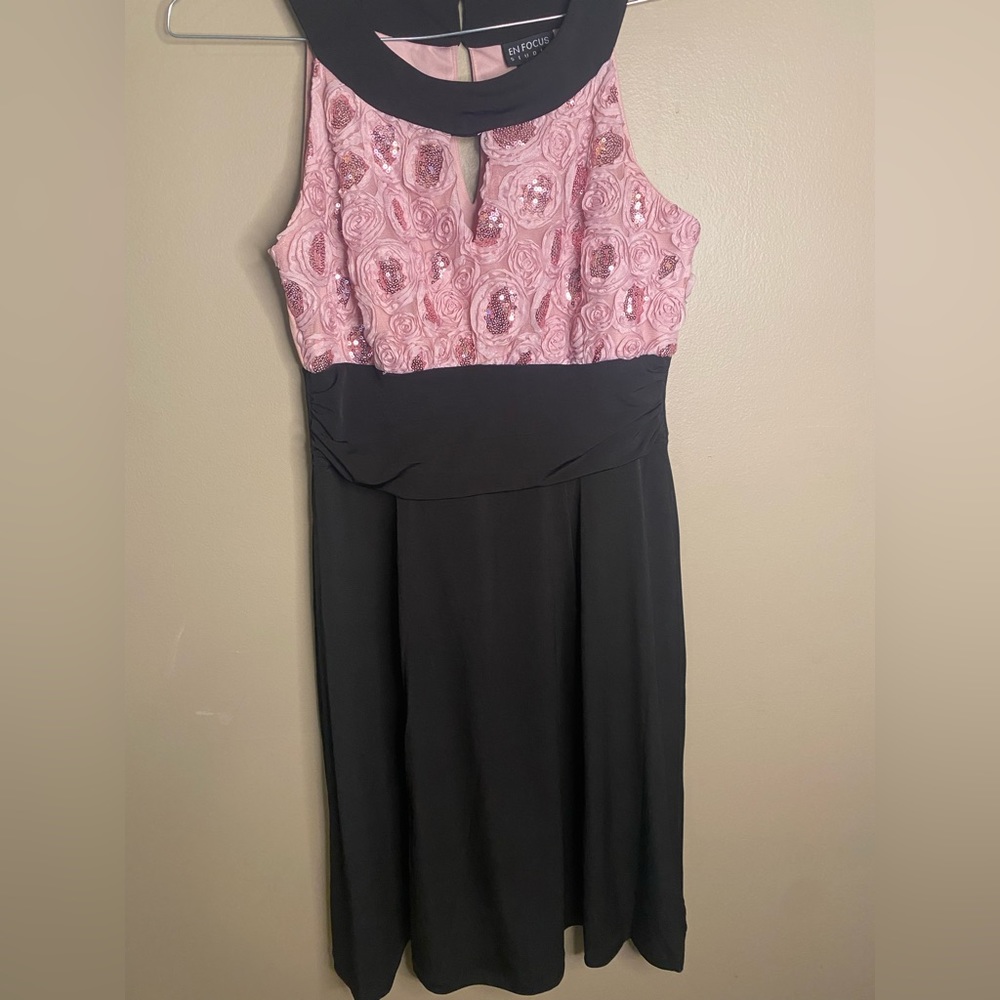 pink and black glitter rose formal dress